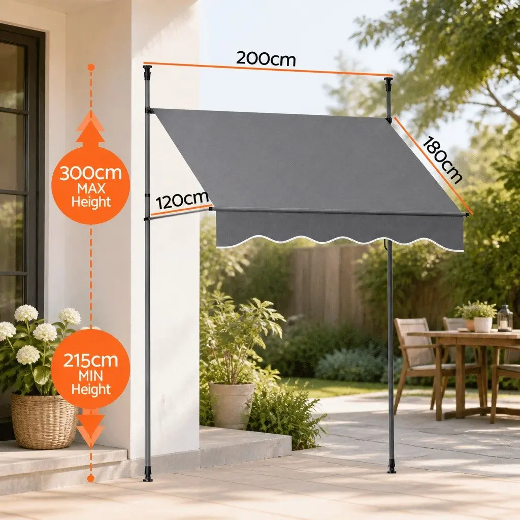 Retractable Awning for Window and Door Outdoor Shade Grey 2X1.8M with Steel Frame and Polyester Fabric