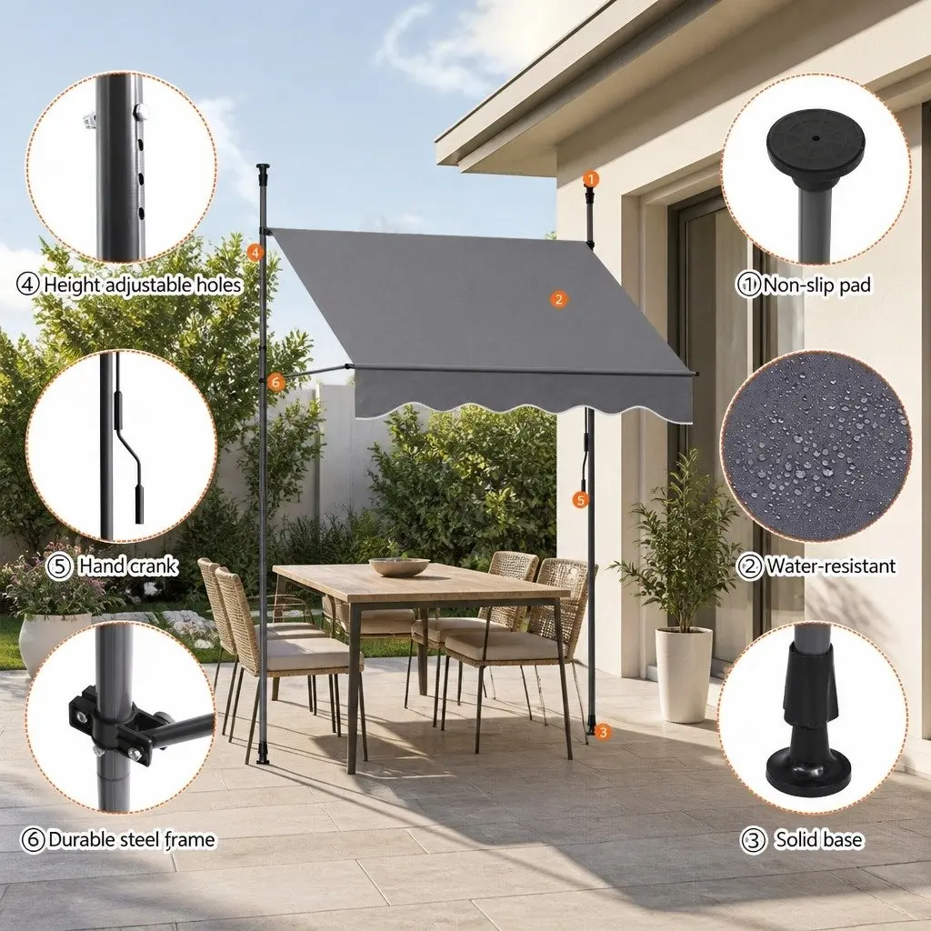 Retractable Awning for Window and Door Outdoor Shade Grey 2X1.8M with Steel Frame and Polyester Fabric