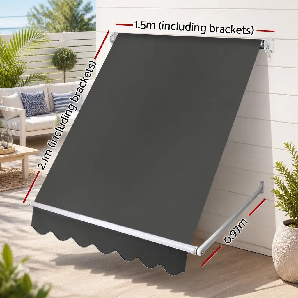 Retractable Awning for Outdoors 1.5m x 2.1m Grey Shade Aluminum Frame Polyester Fabric