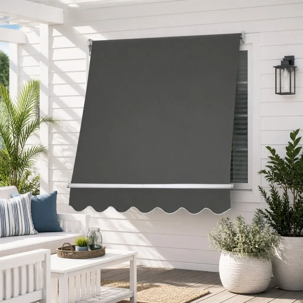 Retractable Awning for Outdoors 1.5m x 2.1m Grey Shade Aluminum Frame Polyester Fabric