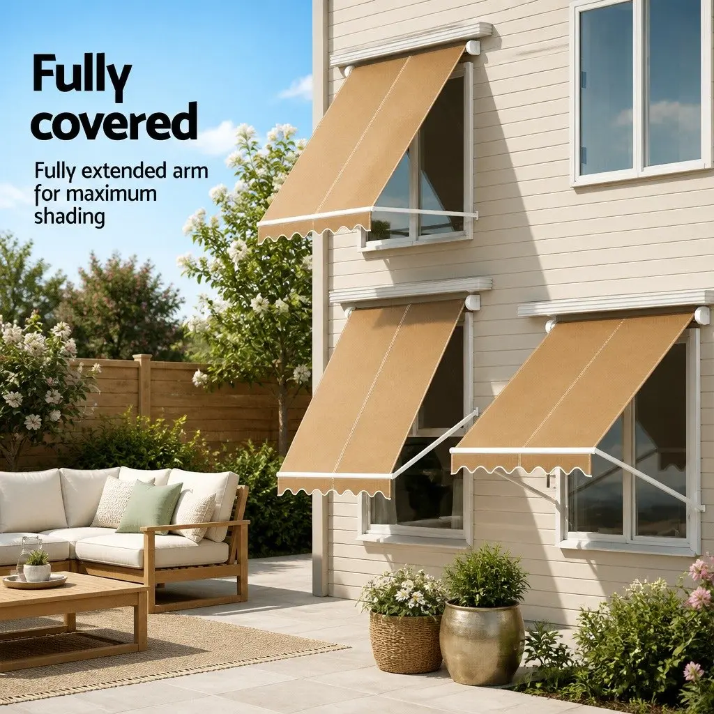 Retractable Pivot Arm Window Awning Outdoor Canopy Shade 2.1 x 2.1M Beige