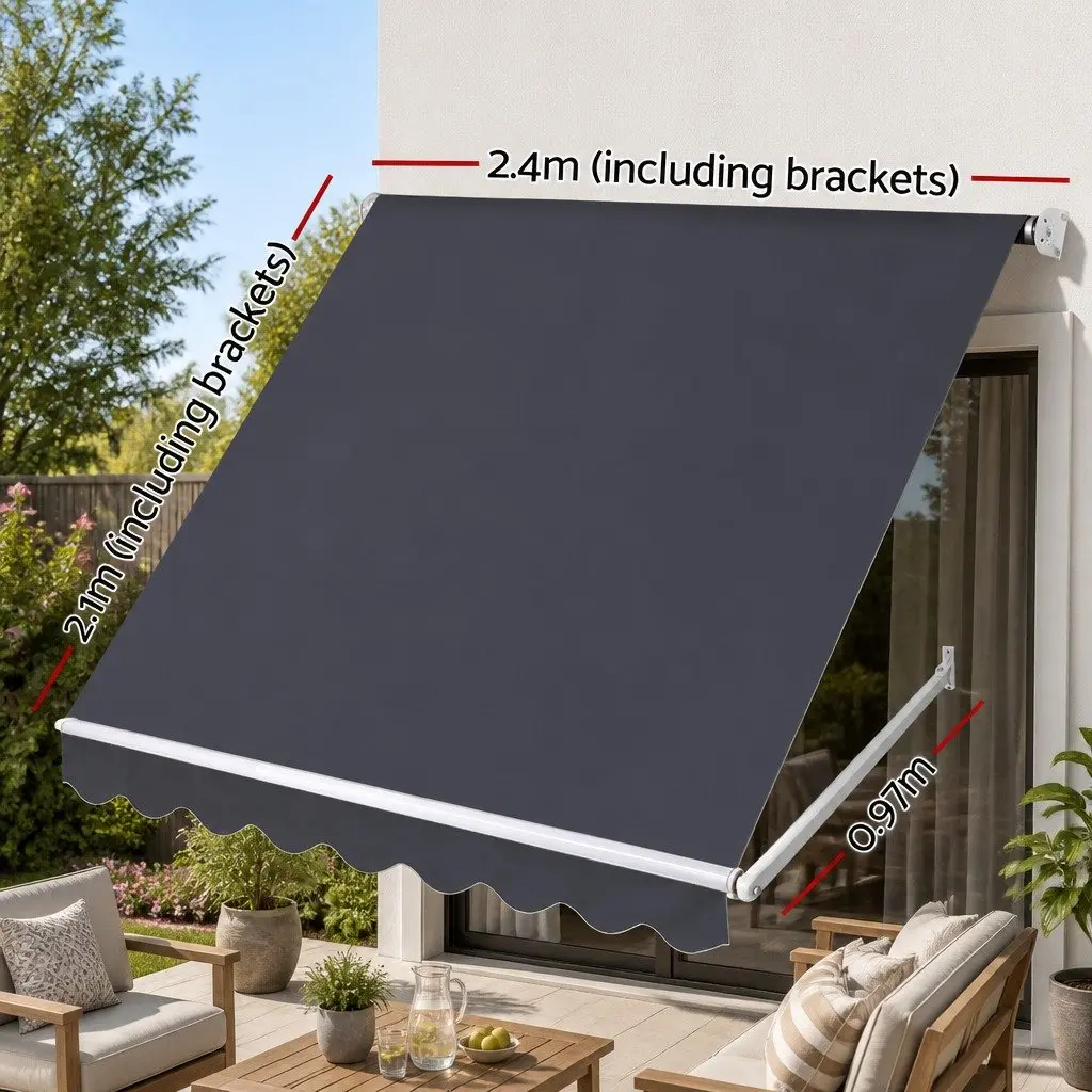 Retractable Pivot Arm Awning Outdoor Patio Shade 2.4M x 2.1M Grey