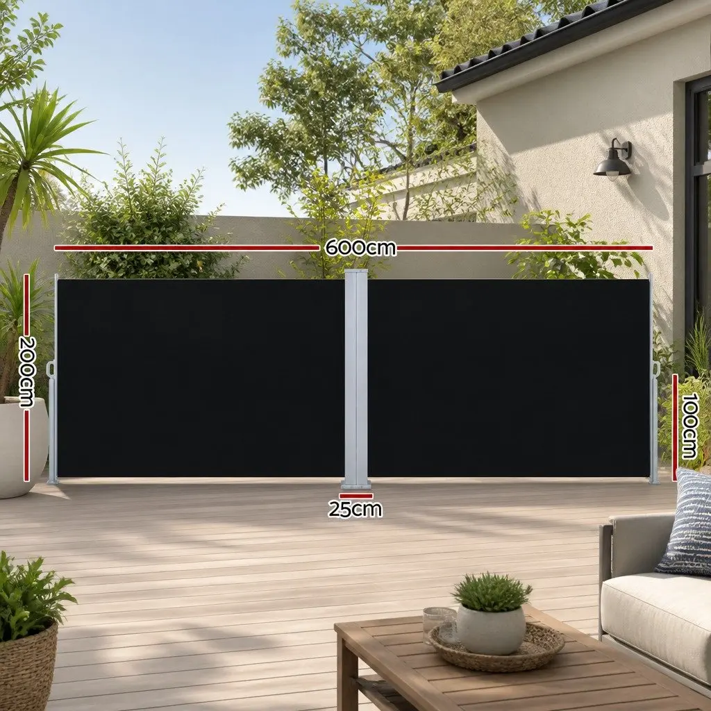 Retractable Side Awning Outdoor Blinds Sun Shade Screen 2M x 6M Black Patio