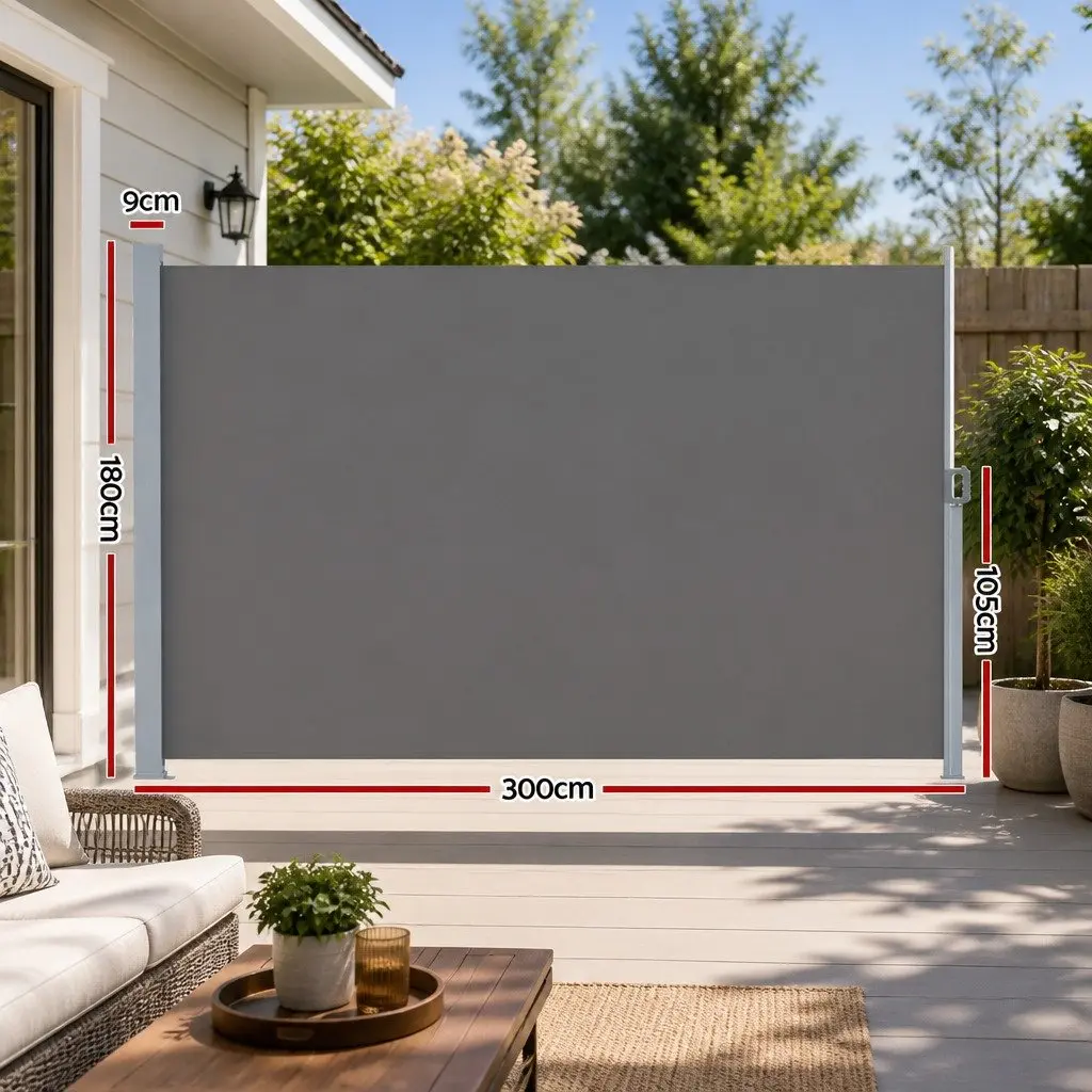 Retractable Side Awning Sun Shade Outdoor Privacy Screen 1.8x3M Grey Steel Frame