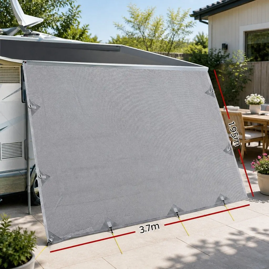 Caravan Privacy Screen Roll Out Awning End Wall Side Sun Shade 3.7 x 1.95M Grey