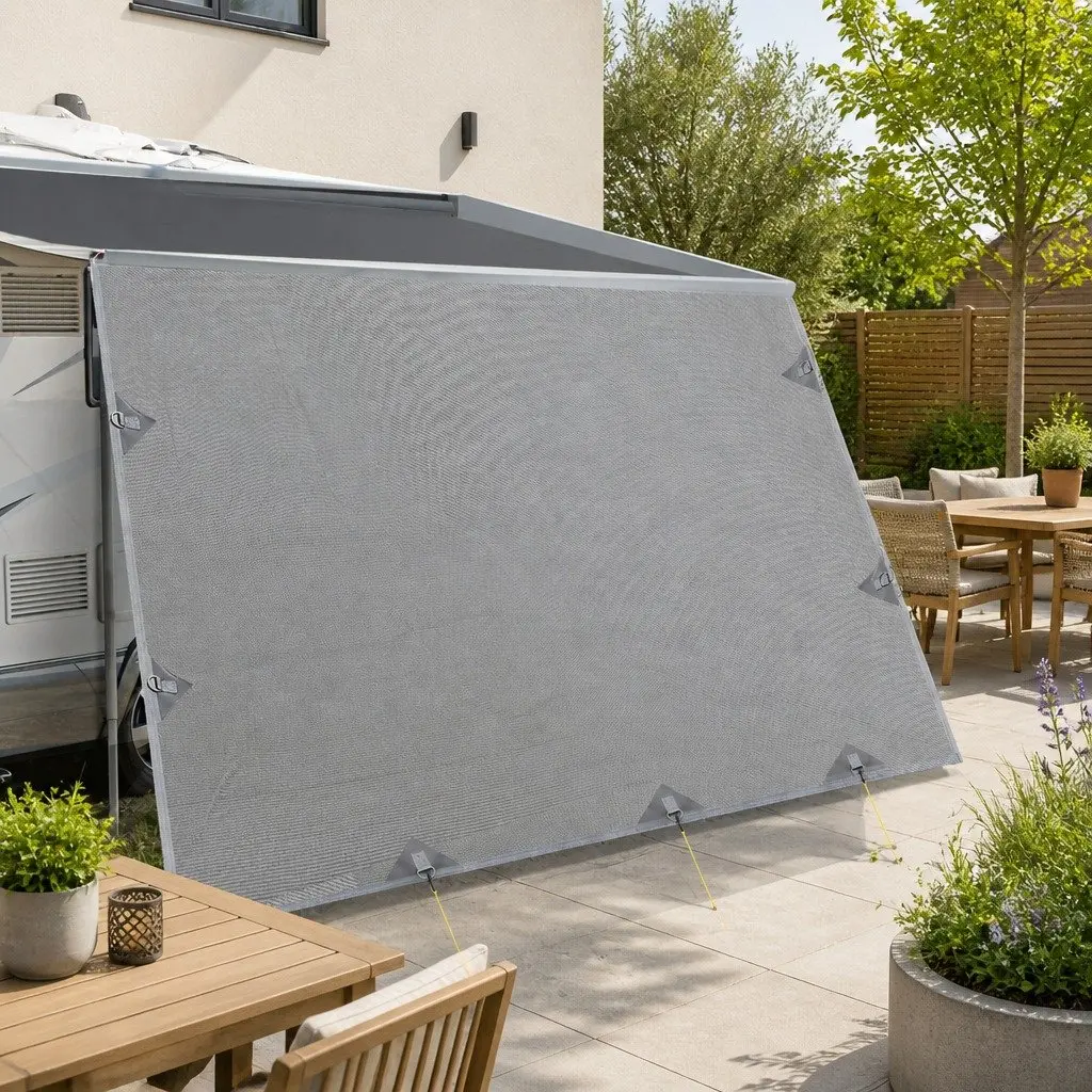 Caravan Privacy Screen Roll Out Awning End Wall Side Sun Shade 3.7 x 1.95M Grey
