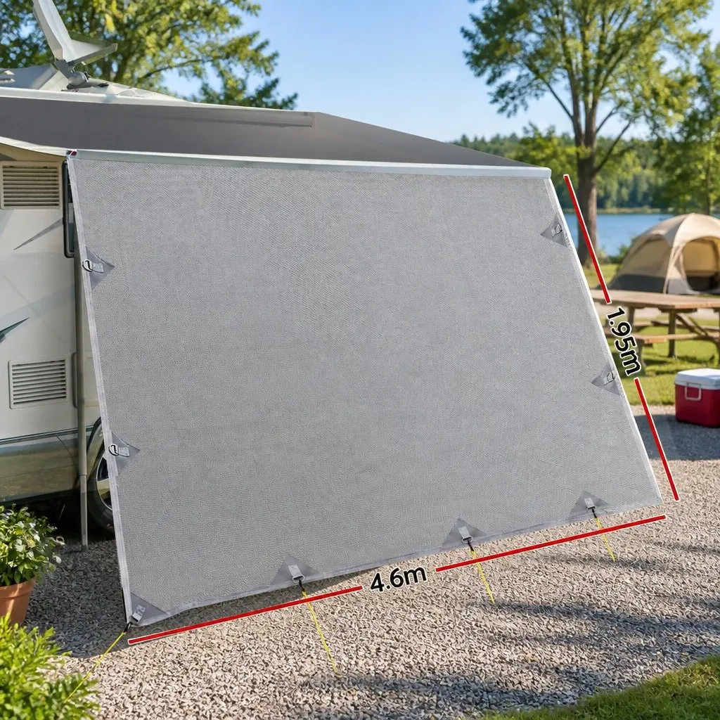 Caravan Privacy Screen Roll Out Awning 4.6x1.95M End Wall Side Sun Shade Grey