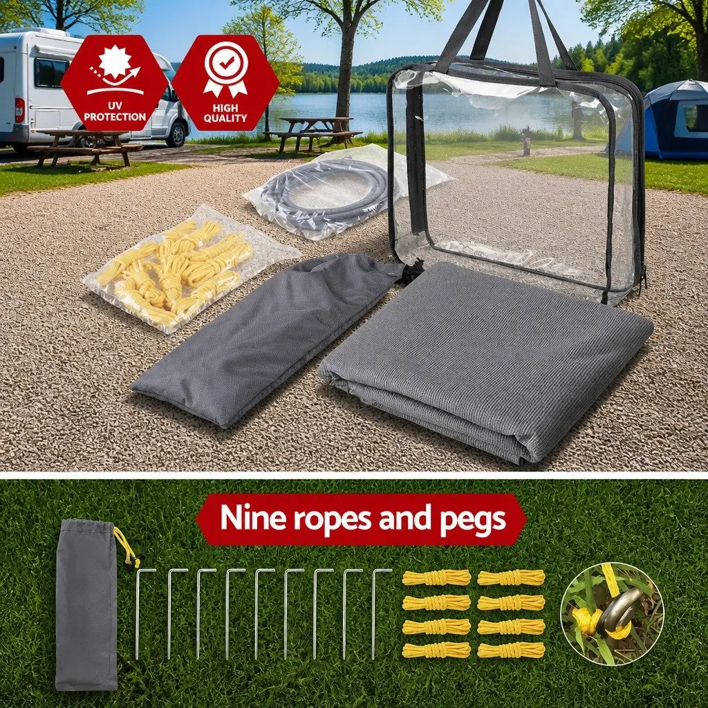 Caravan Privacy Screen Roll Out Awning 4.6x1.95M End Wall Side Sun Shade Grey