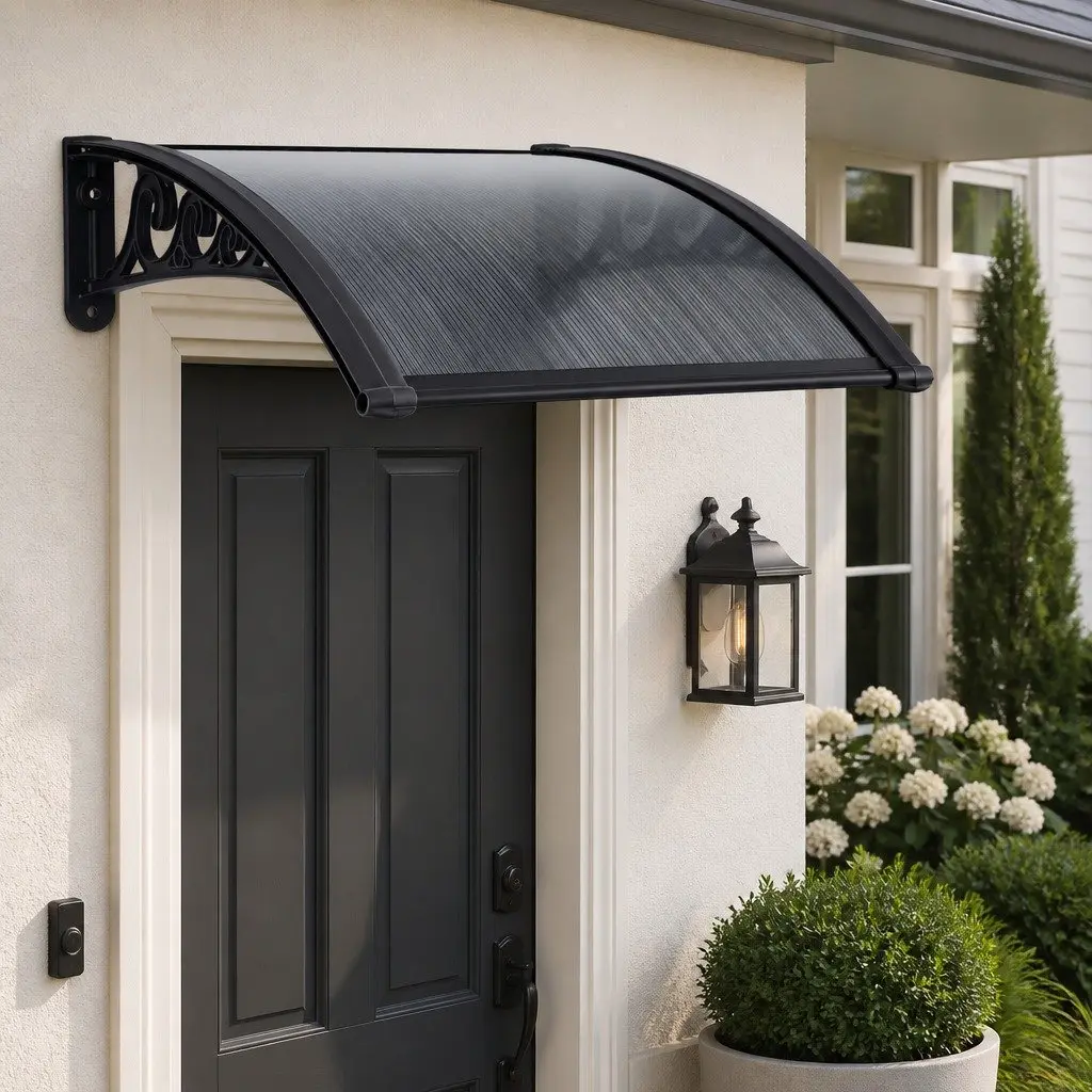 Window Awning 0.6mx0.6m Outdoor Door Canopy Drainage PC Panel Grey Black