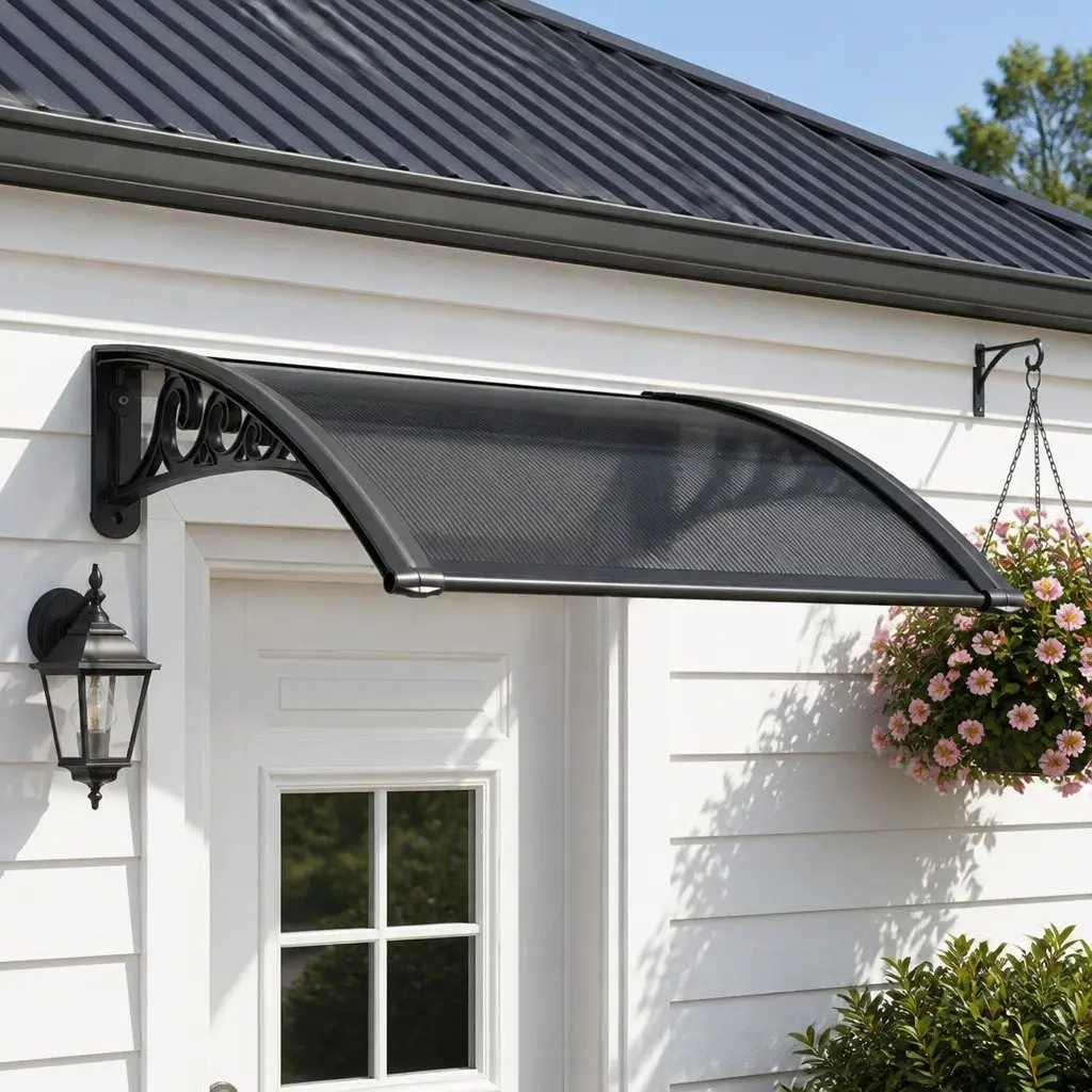 Window Awning 0.6mx0.6m Outdoor Door Canopy Drainage PC Panel Grey Black