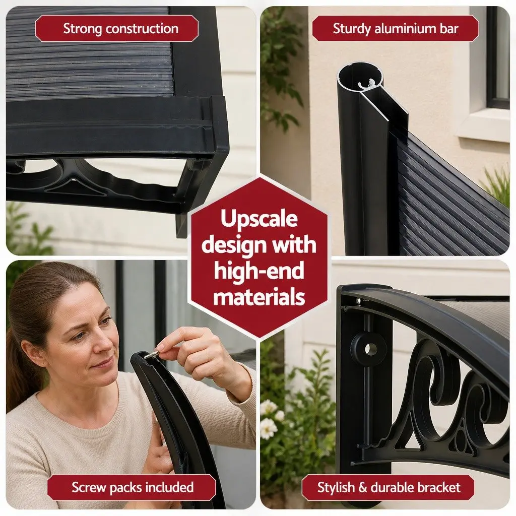 Window Awning 0.6mx0.6m Outdoor Door Canopy Drainage PC Panel Grey Black