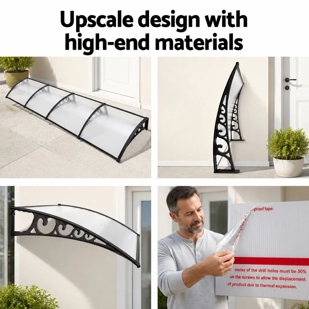 Awning for Door and Window 1m x 4m Transparent PC Panel Hollow Outdoor Sun Rain