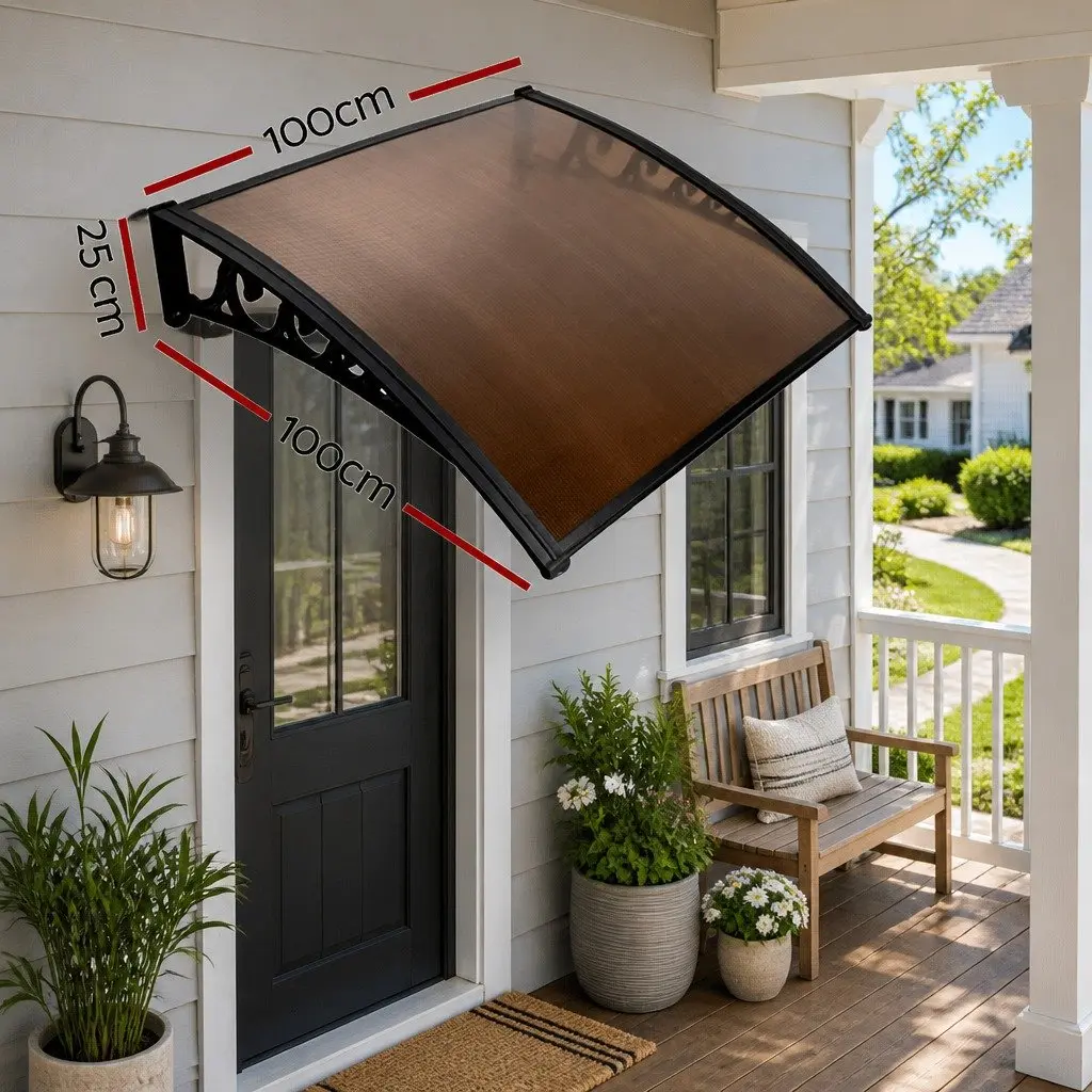 Window Door Awning for Sun and Rain Protection 1m x 1m Brown Polycarbonate Panel Aluminium Bracket