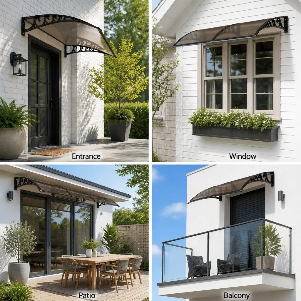 Window Door Awning for Sun and Rain Protection 1m x 1m Brown Polycarbonate Panel Aluminium Bracket