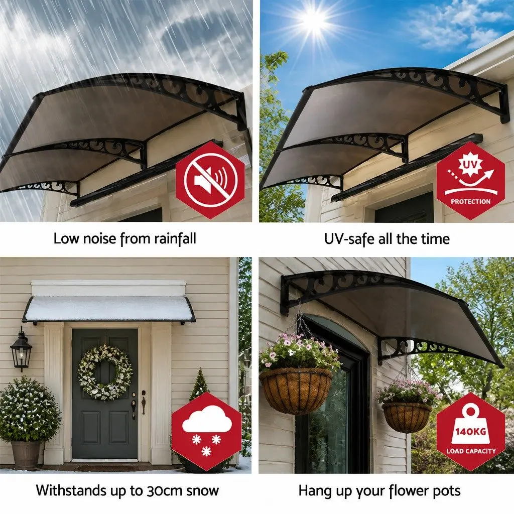 Window Door Awning for Sun and Rain Protection 1m x 1m Brown Polycarbonate Panel Aluminium Bracket