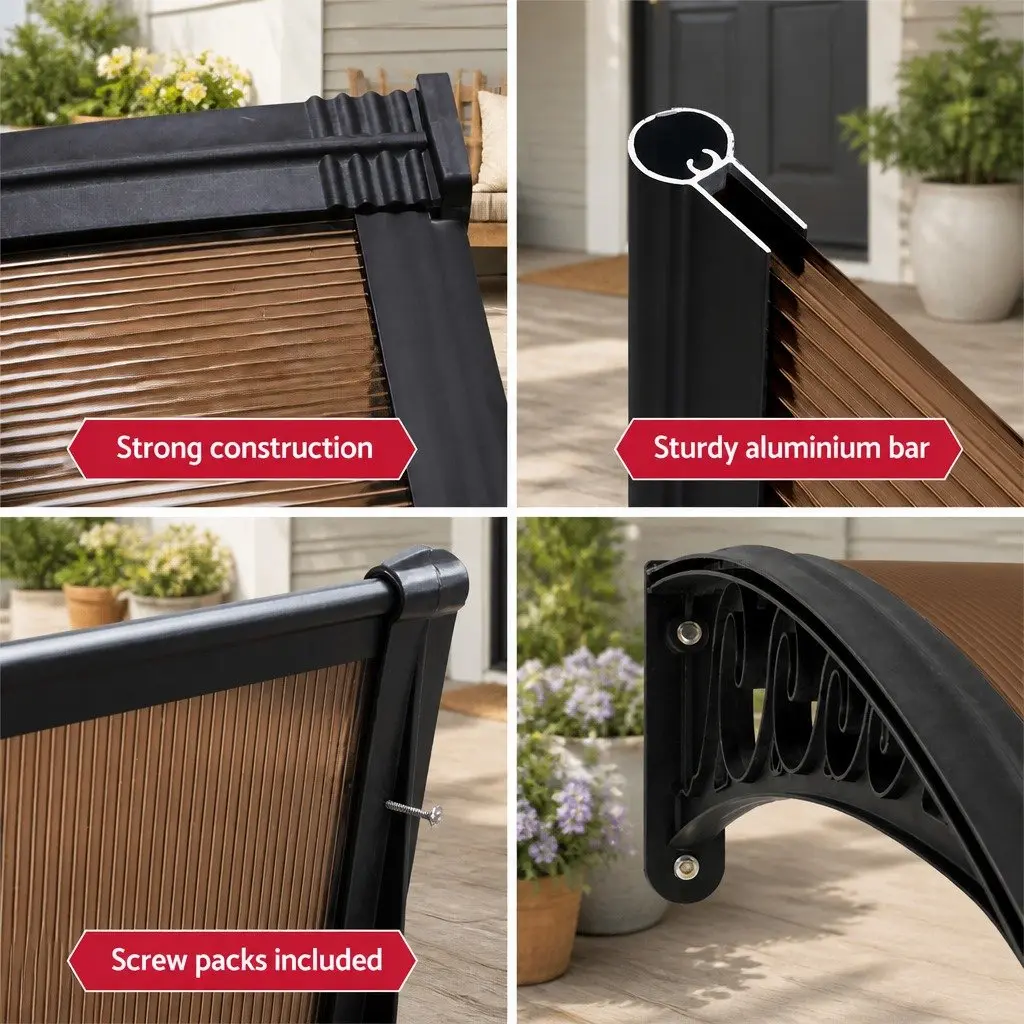 Window Door Awning for Sun and Rain Protection 1m x 1m Brown Polycarbonate Panel Aluminium Bracket