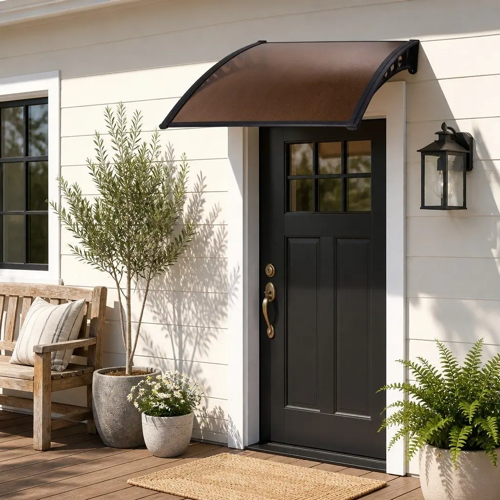 Window Door Awning for Sun and Rain Protection 1m x 1m Brown Polycarbonate Panel Aluminium Bracket