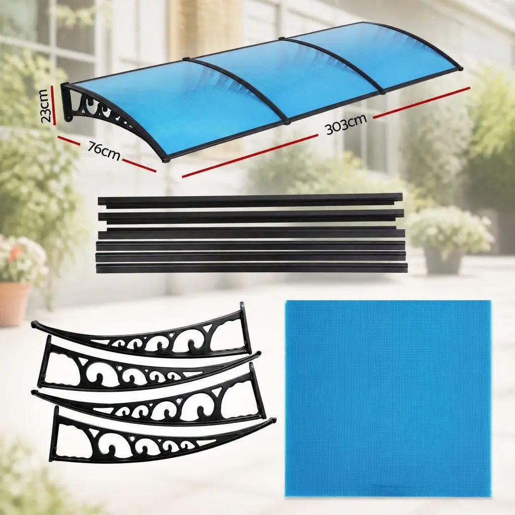 Awning for Door Window Balcony 1m x 3m Blue PC Panel DIY Installation