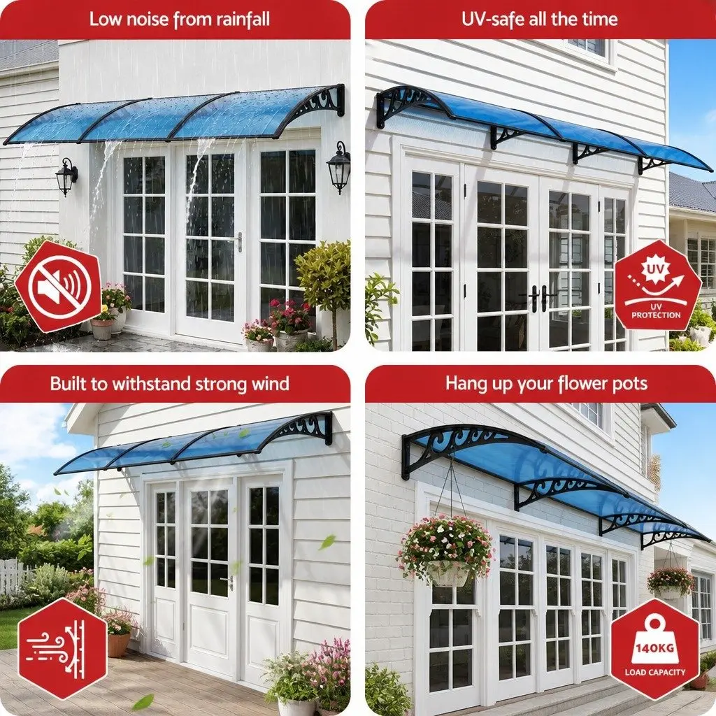 Awning for Door Window Balcony 1m x 3m Blue PC Panel DIY Installation