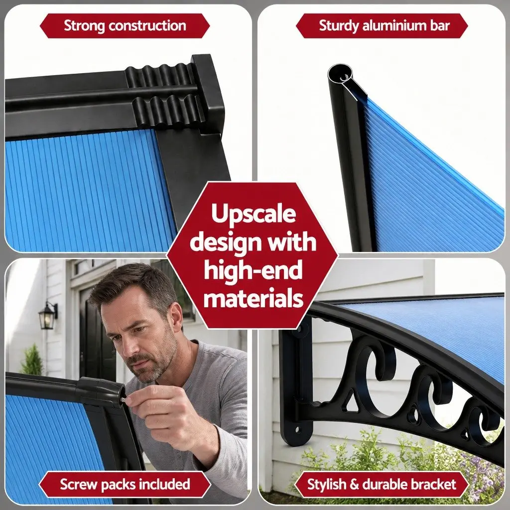 Awning for Door Window Balcony 1m x 3m Blue PC Panel DIY Installation