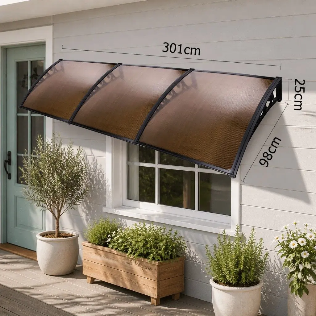 Door and Window Awning 1m x 3m Brown Black Polycarbonate Aluminium Bars