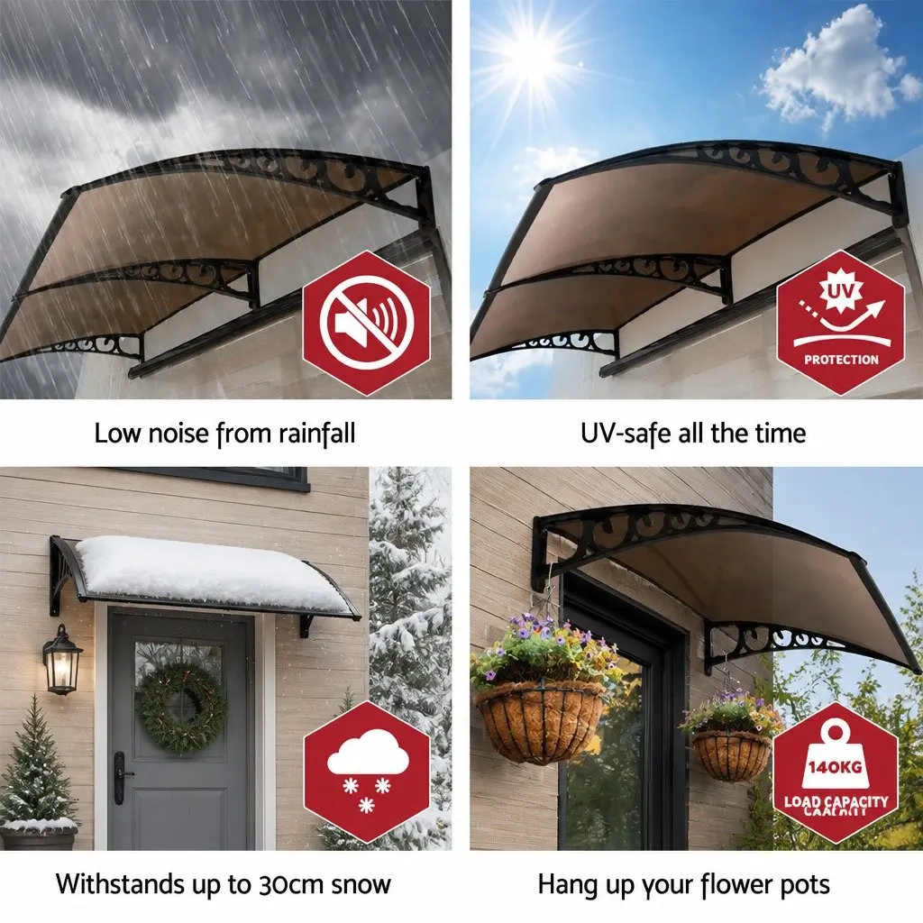 Awning for doors windows balconies 1m x 4m polycarbonate panel shade canopy cover brown
