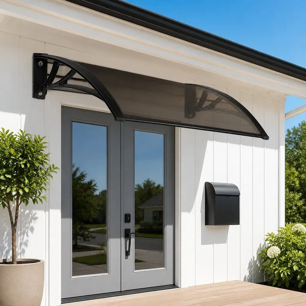 Awning Canopy for Door and Window 1m x 4m Brown PC Panel Black Frame UV Rain Resistant