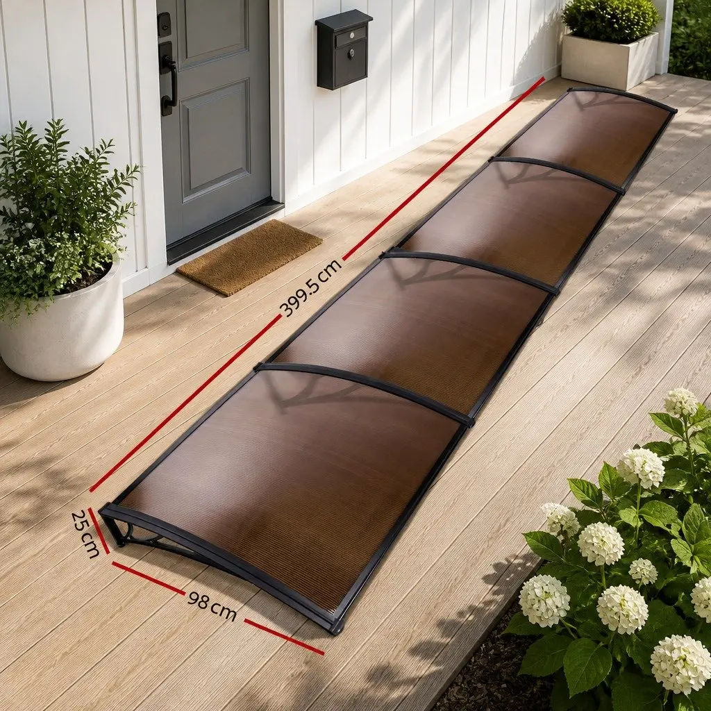 Awning Canopy for Door and Window 1m x 4m Brown PC Panel Black Frame UV Rain Resistant