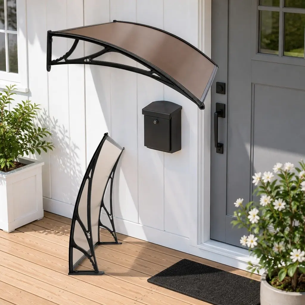 Awning Canopy for Door and Window 1m x 4m Brown PC Panel Black Frame UV Rain Resistant