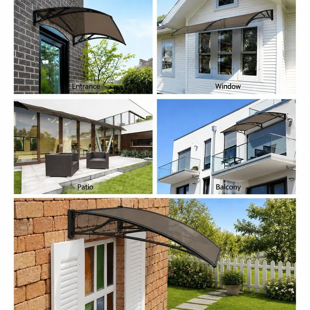 Awning Canopy for Door and Window 1m x 4m Brown PC Panel Black Frame UV Rain Resistant