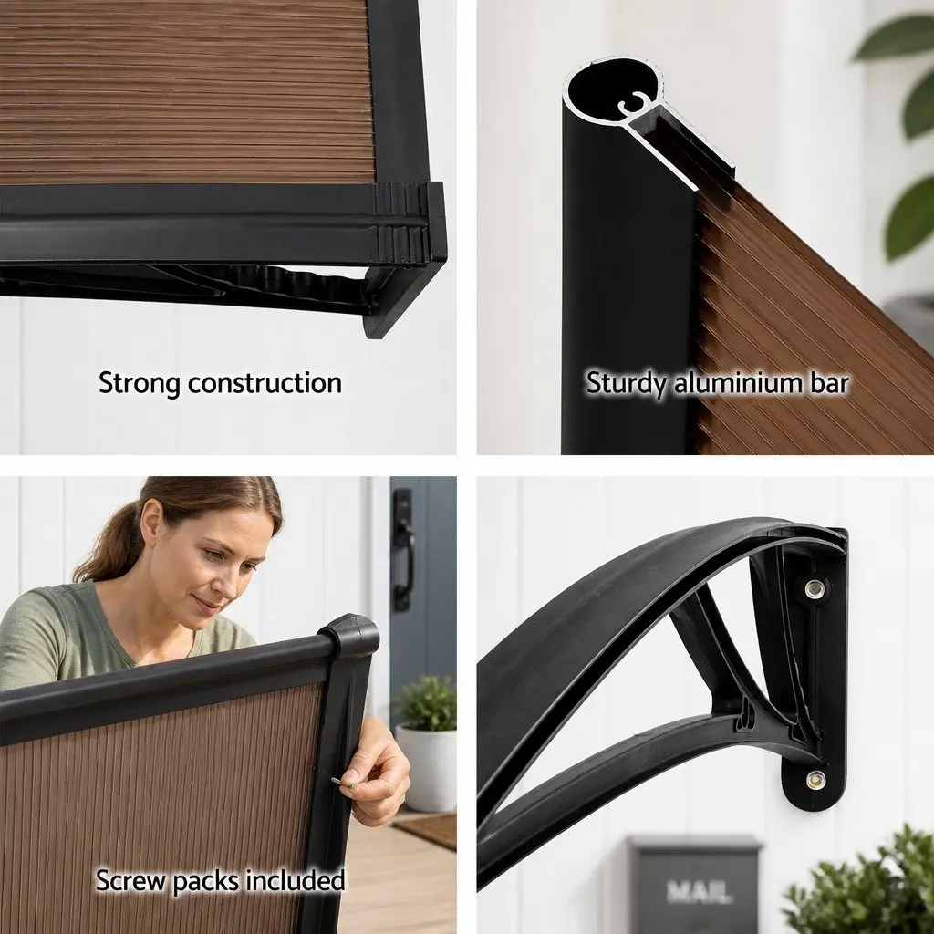 Awning Canopy for Door and Window 1m x 4m Brown PC Panel Black Frame UV Rain Resistant
