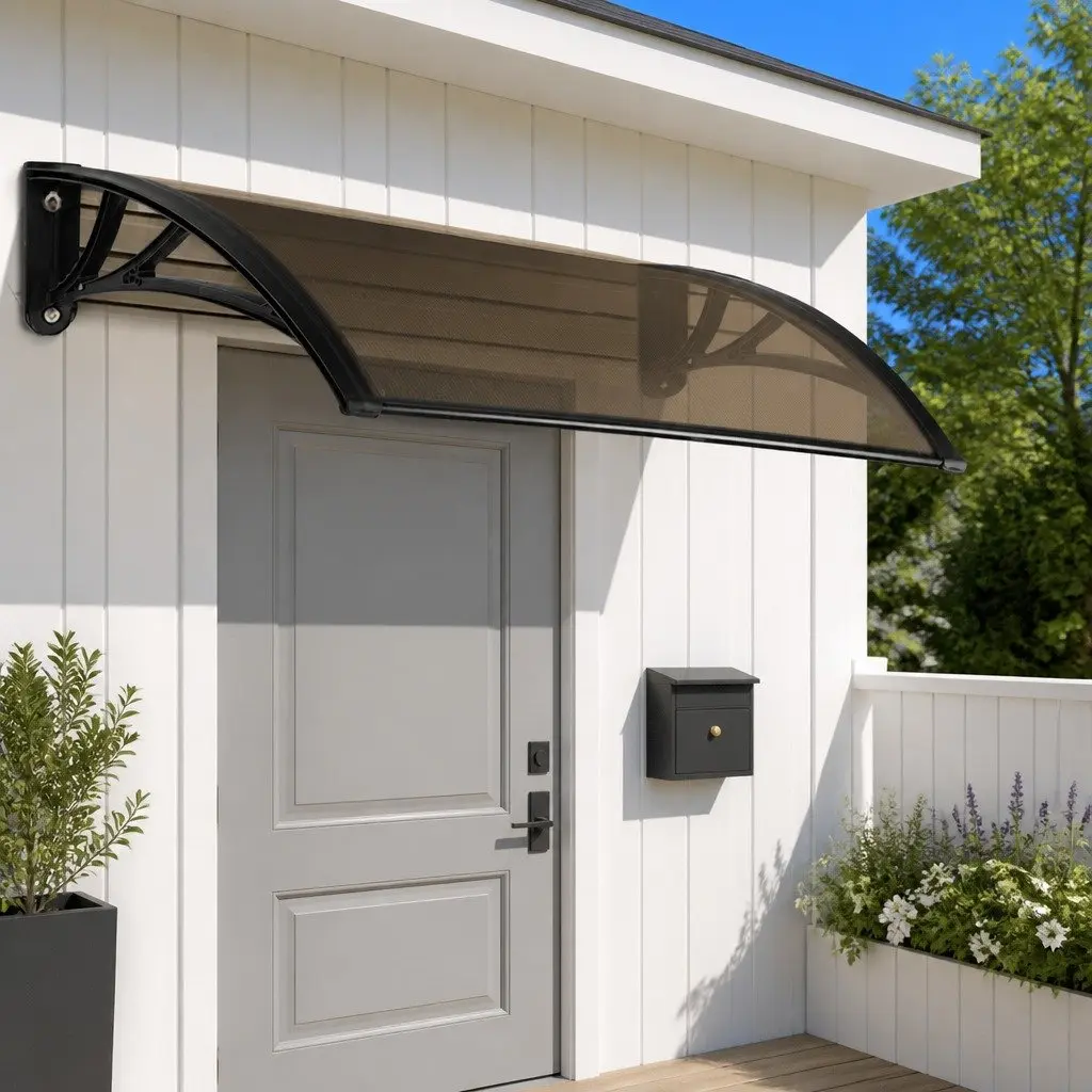 Awning Canopy for Door and Window 1m x 4m Brown PC Panel Black Frame UV Rain Resistant