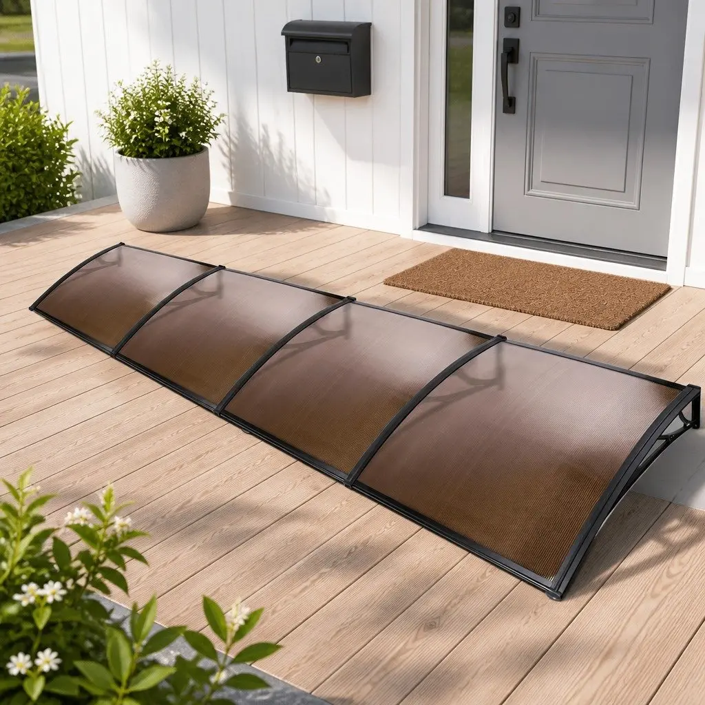 Awning Canopy for Door and Window 1m x 4m Brown PC Panel Black Frame UV Rain Resistant