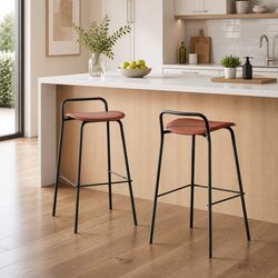 Bar Stools Set: Metal Frame and Brown Cushioned Seats