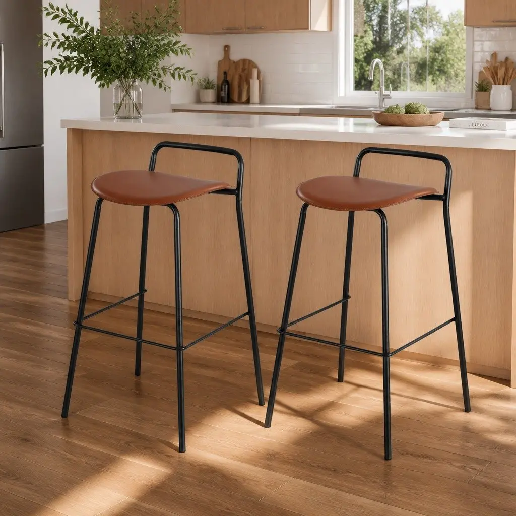 Bar Stools Kitchen Counter Chair Set of 2 Brown Metal Frame with Footrest