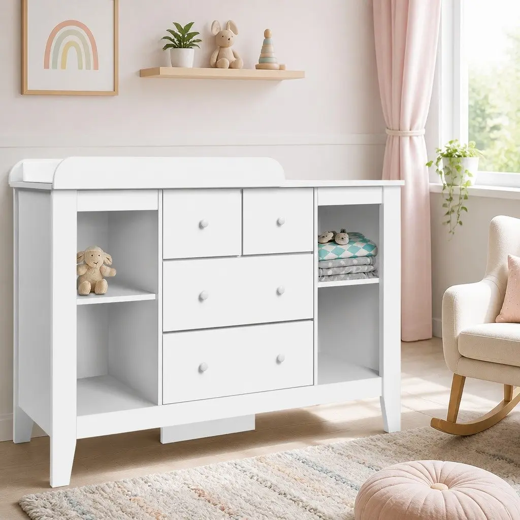 Changing Table Storage Chest for Nursery with Removable Change Platform Four Drawers and Four Shelves White 142cm H x 45cm W x 81cm D