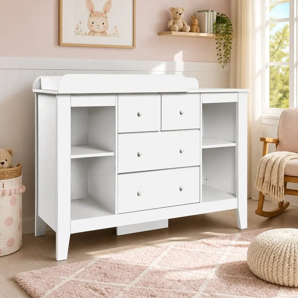 Changing Table Storage Chest for Nursery with Removable Change Platform Four Drawers and Four Shelves White 142cm H x 45cm W x 81cm D