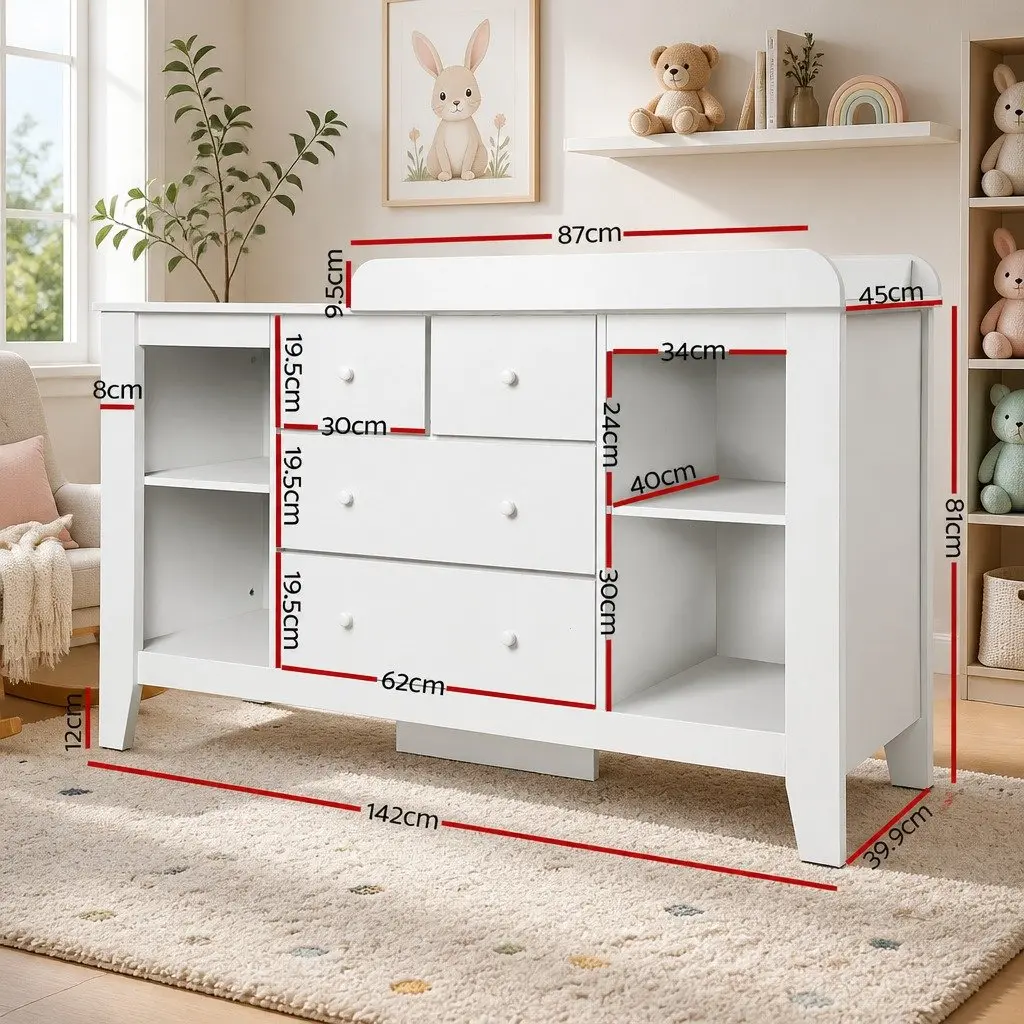 Changing Table Storage Chest for Nursery with Removable Change Platform Four Drawers and Four Shelves White 142cm H x 45cm W x 81cm D