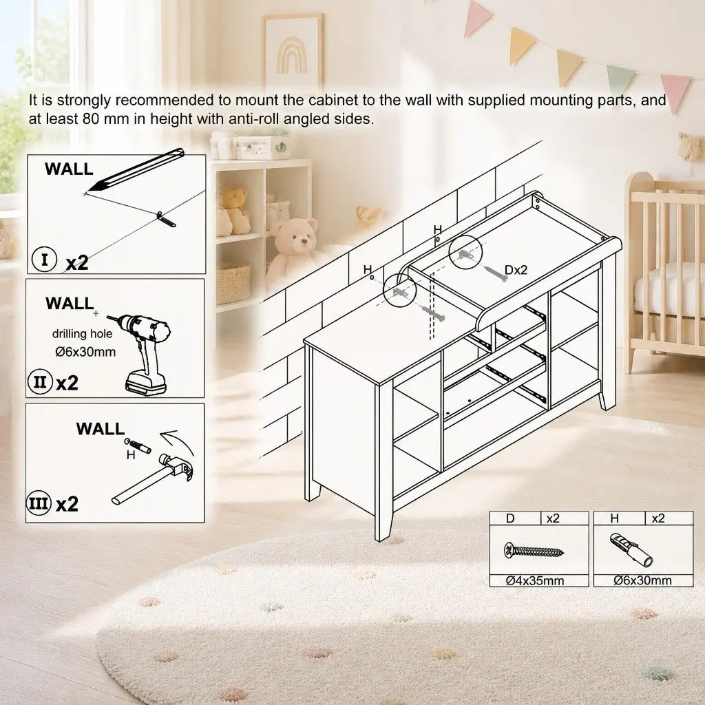 Changing Table Storage Chest for Nursery with Removable Change Platform Four Drawers and Four Shelves White 142cm H x 45cm W x 81cm D