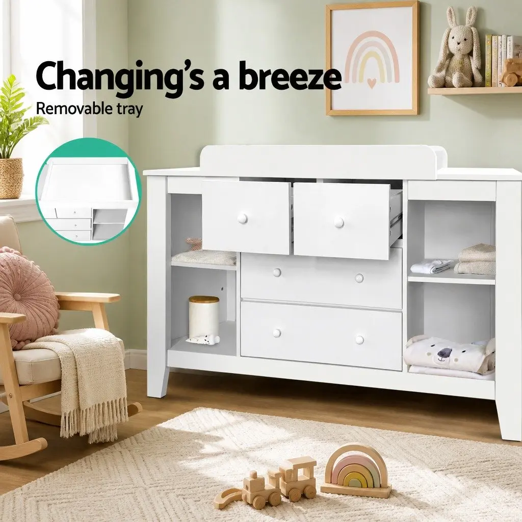 Changing Table Storage Chest for Nursery with Removable Change Platform Four Drawers and Four Shelves White 142cm H x 45cm W x 81cm D