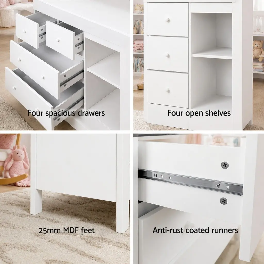 Changing Table Storage Chest for Nursery with Removable Change Platform Four Drawers and Four Shelves White 142cm H x 45cm W x 81cm D