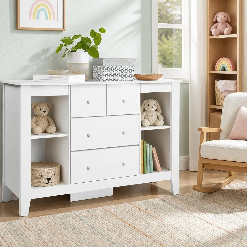 Changing Table Storage Chest for Nursery with Removable Change Platform Four Drawers and Four Shelves White 142cm H x 45cm W x 81cm D