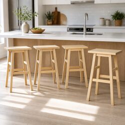Bar Stools Set of 4: Solid Beech Wood, 66.5cm Height