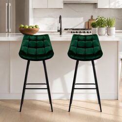 Bar Stools with Green Velvet Upholstery, Metal Frames - 2 Units