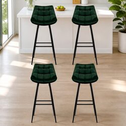 Bar Stools Set of 4 - Green Velvet, Metal Frame