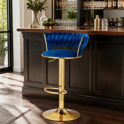 Bar Stools Gas Lift Velvet Woven Backrest Swivel Chair Set Navy Blue
