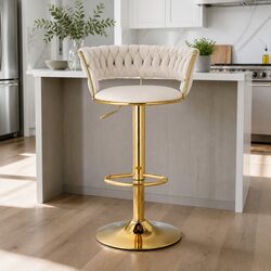 Beige Velvet Bar Stools with Adjustable Height and Backrest
