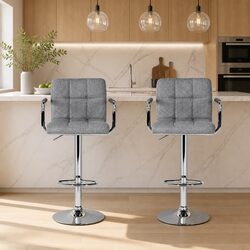 Grey Bar Stools – Gas Lift & Armrest, Set of 2, Dimensions Listed