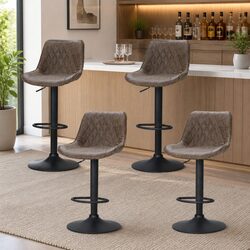 Bar Stools Set of 4: Adjustable Height, Brown Leather, 360° Swivel