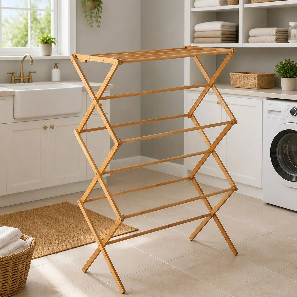 Bamboo Clothes Airer Drying Rack Foldable 11 Bars Natural